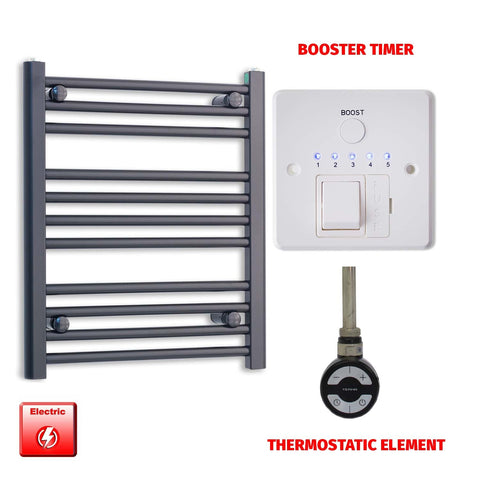 600 x 550mm Wide Flat Black Pre-Filled Electric Heated Towel Radiator HTR MOA Thermostatic Booster Timer