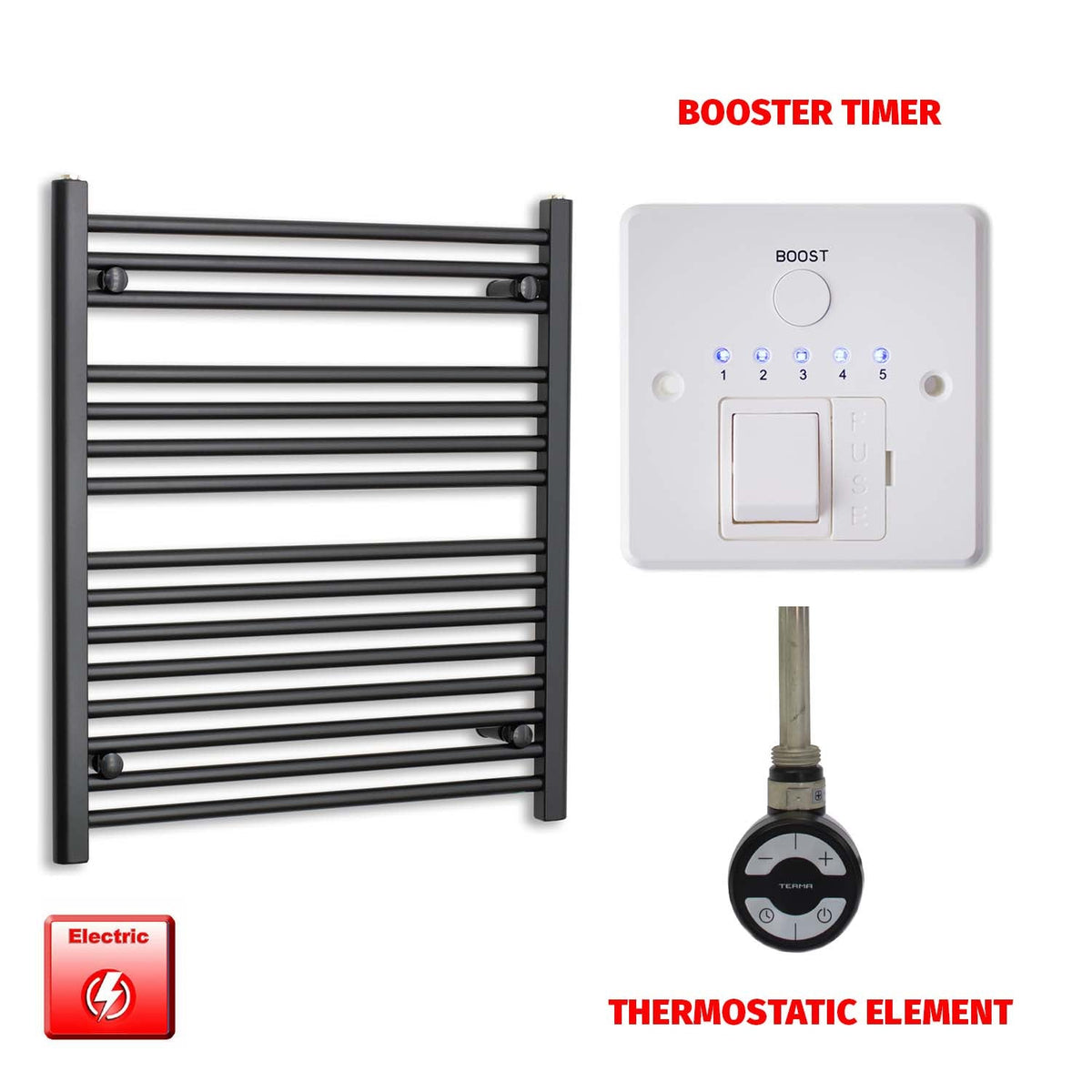800 x 700 Flat Black Pre-Filled Electric Heated Towel Radiator HTR MOA Thermostatic Booster Timer