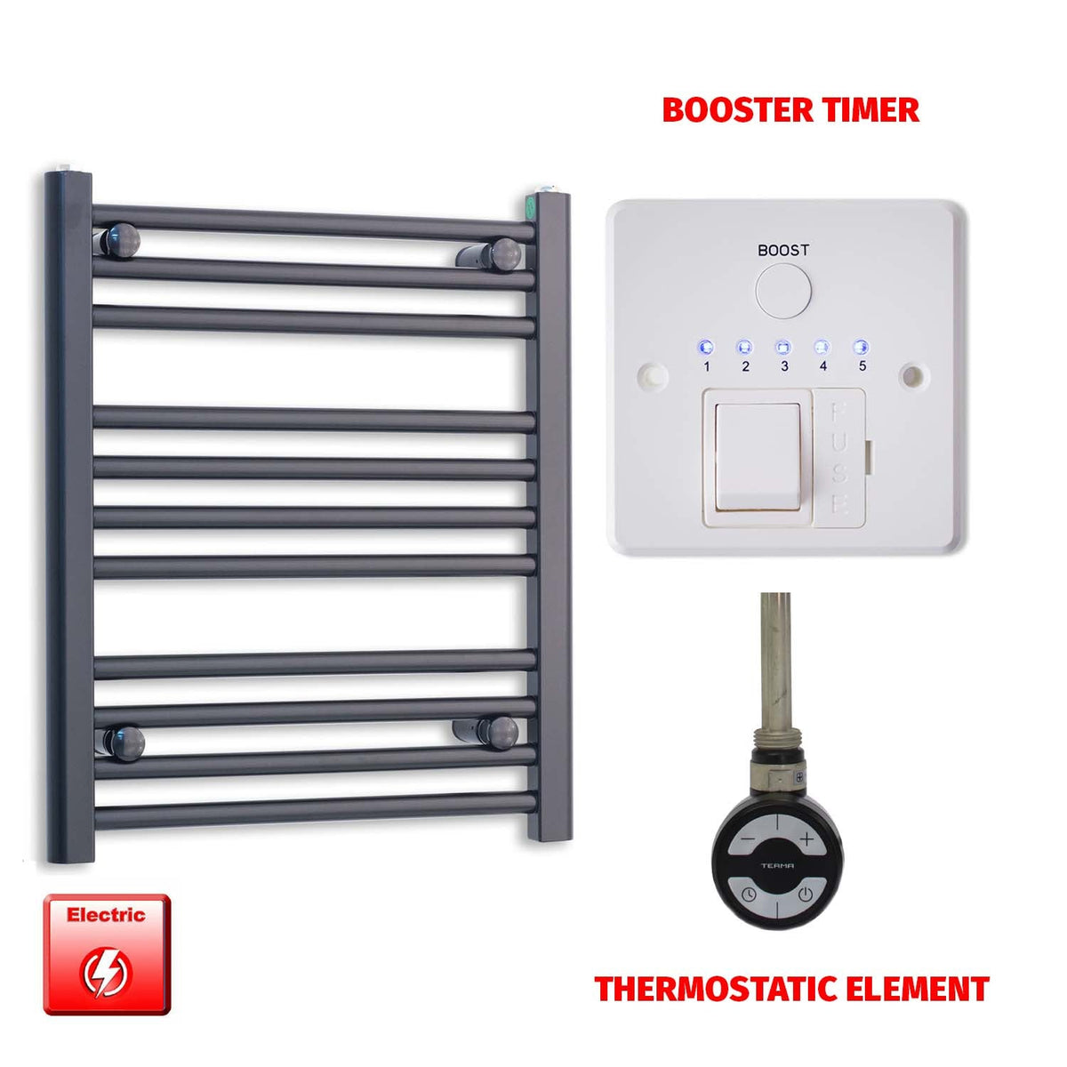 600 x 500 Flat Black Pre-Filled Electric Heated Towel Radiator HTR MOA Thermostatic Booster Timer