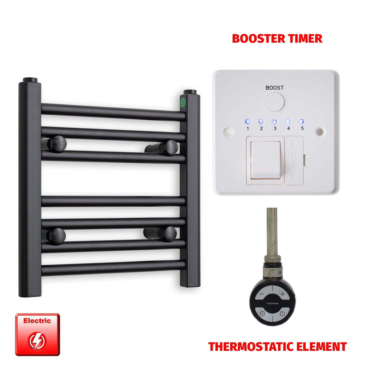 400 x 400 Flat Black Pre-Filled Electric Heated Towel Radiator HTR MOA Booster Timer