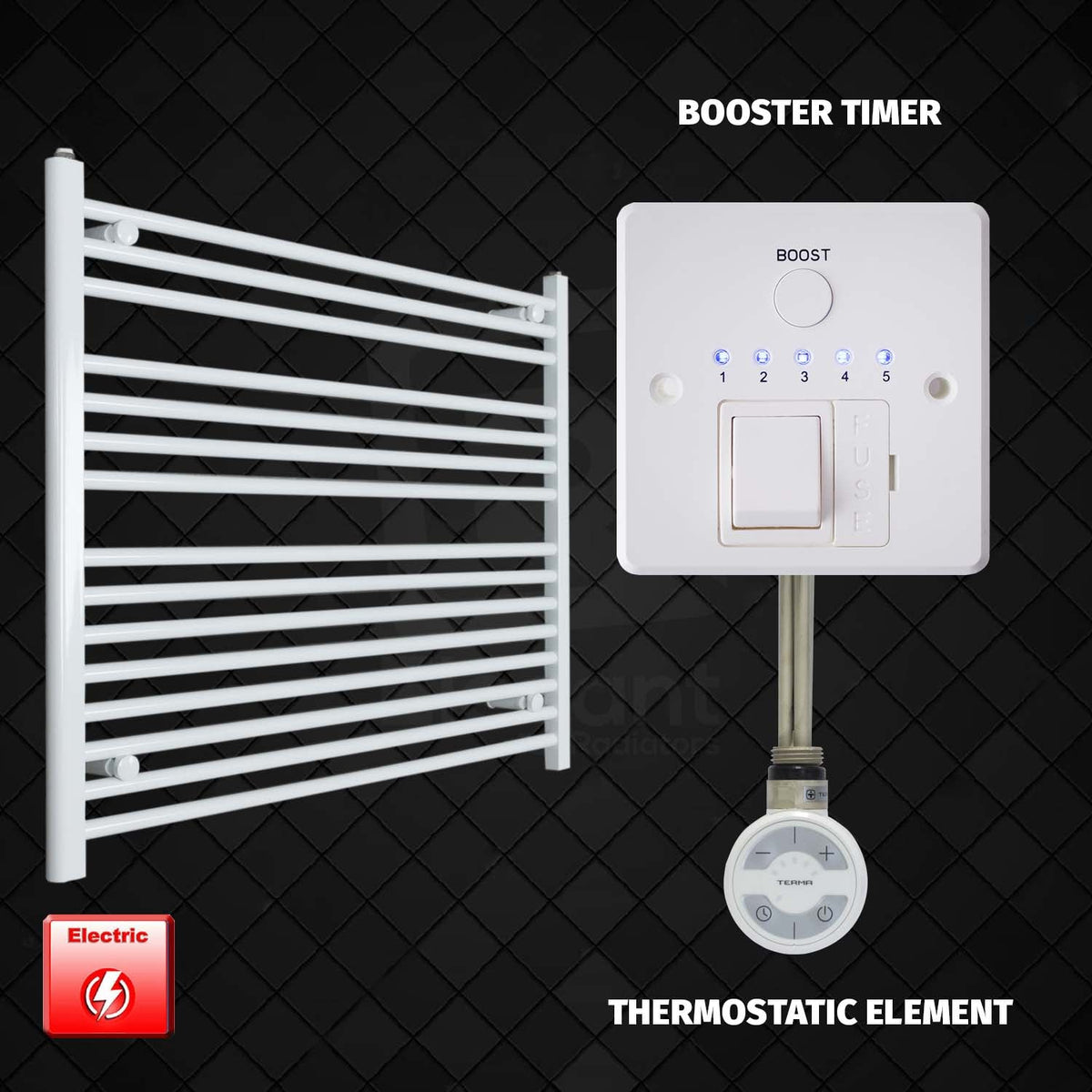800 mm High 1100 mm Wide Pre-Filled Electric Heated Towel Rail Radiator White HTR MOA Thermostatic element Booster timer