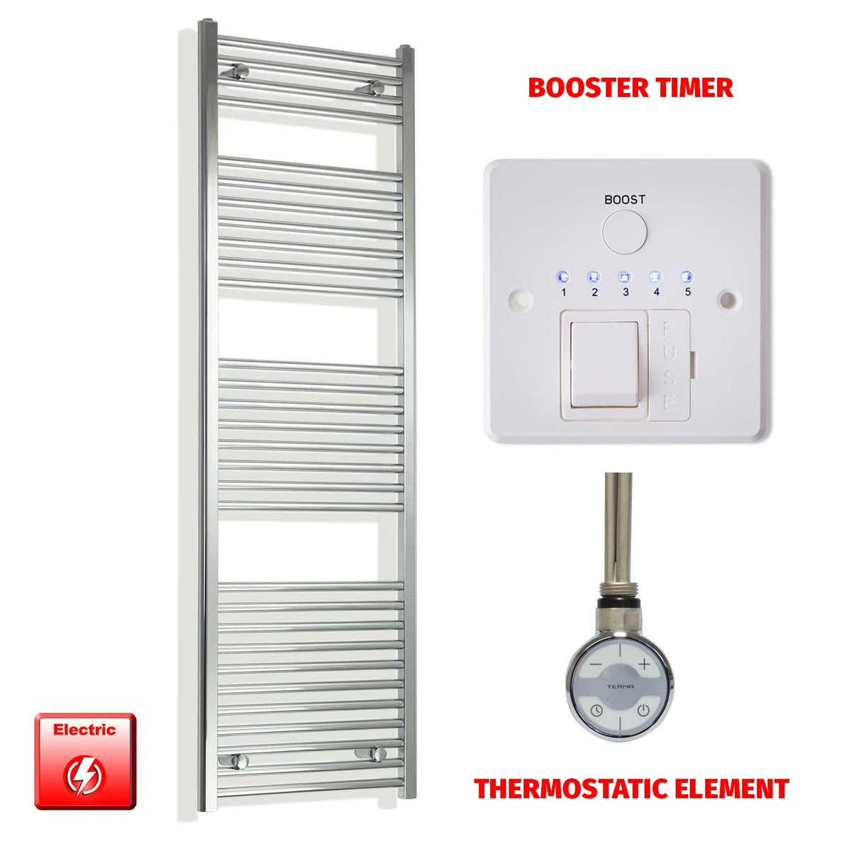 1700mm High 550mm Wide Pre-Filled Electric Heated Towel Radiator Chrome HTR MOA Element Booster Timer