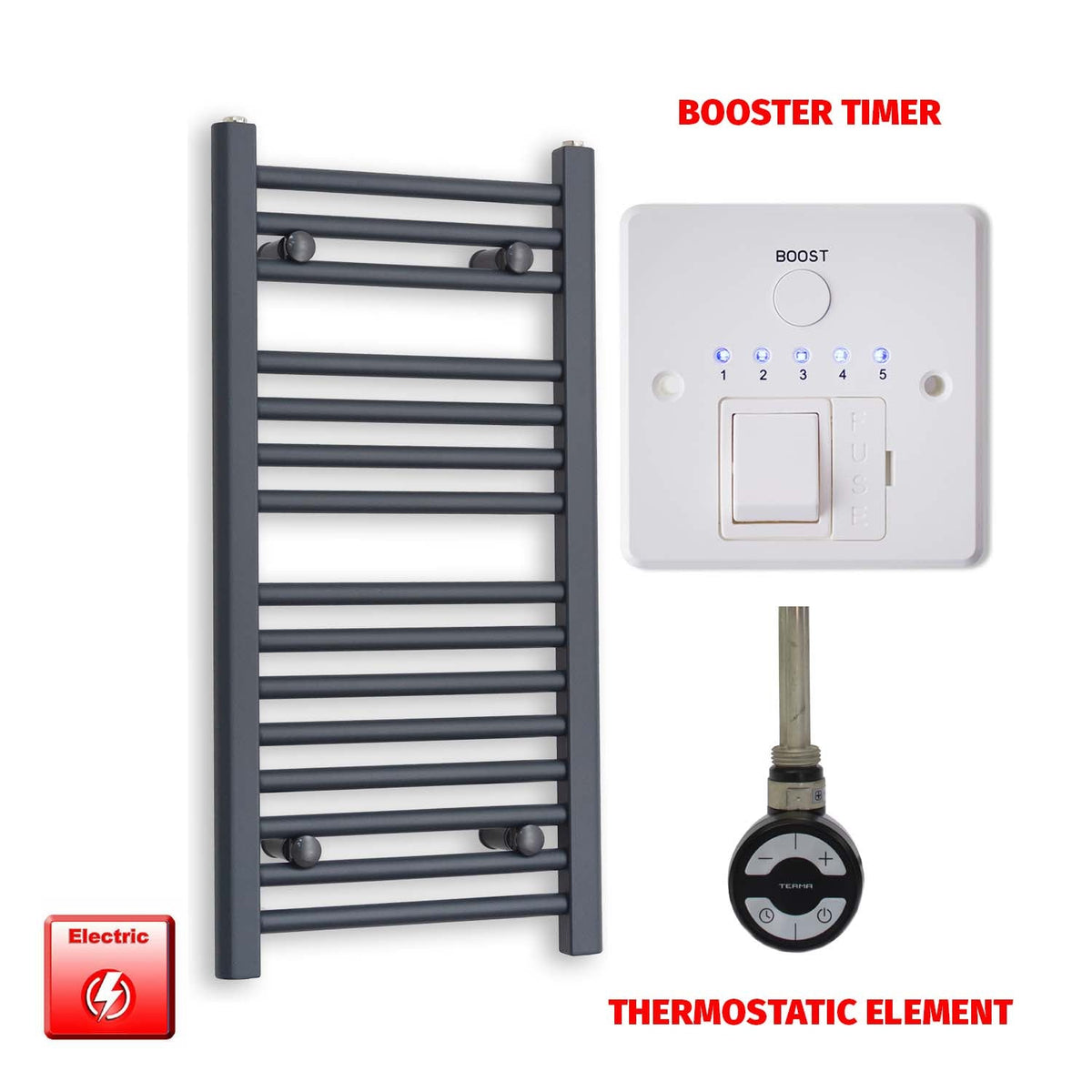 800mm High 500mm Wide Flat Anthracite Pre-Filled Electric Heated Towel Radiator HTR MOA Thermostatic element Booster timer