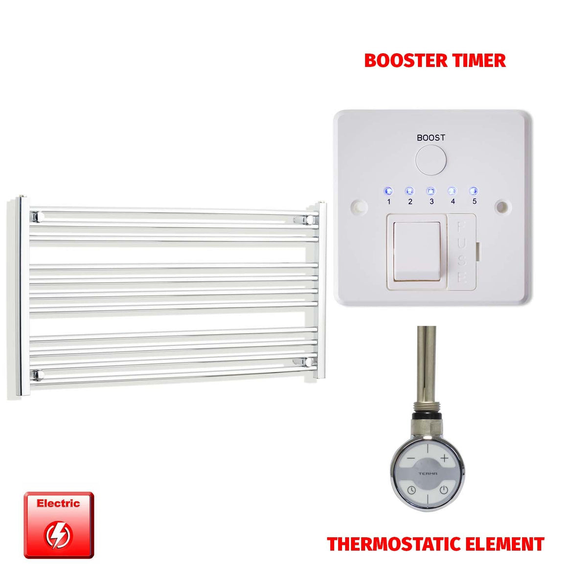 600mm High 1300mm Wide Pre-Filled Electric Heated Towel Radiator Straight Chrome MOA Thermostatic element Booster timer