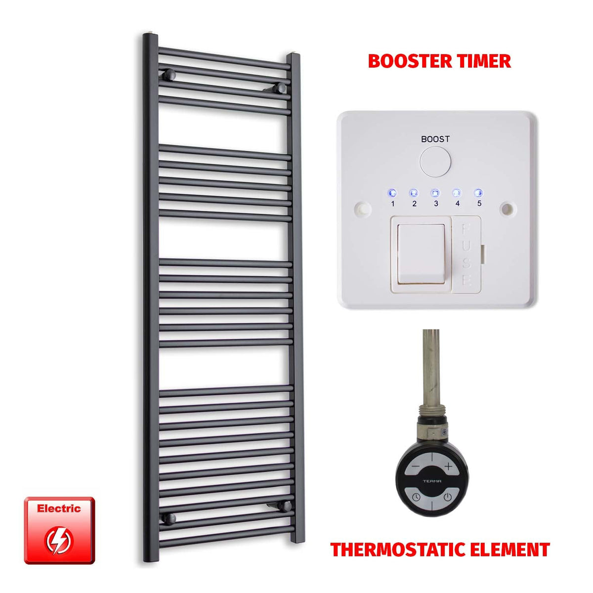 1400 x 550mm Wide Flat Black Pre-Filled Electric Heated Towel Radiator HTR MOA Thermostatic Booster Timer