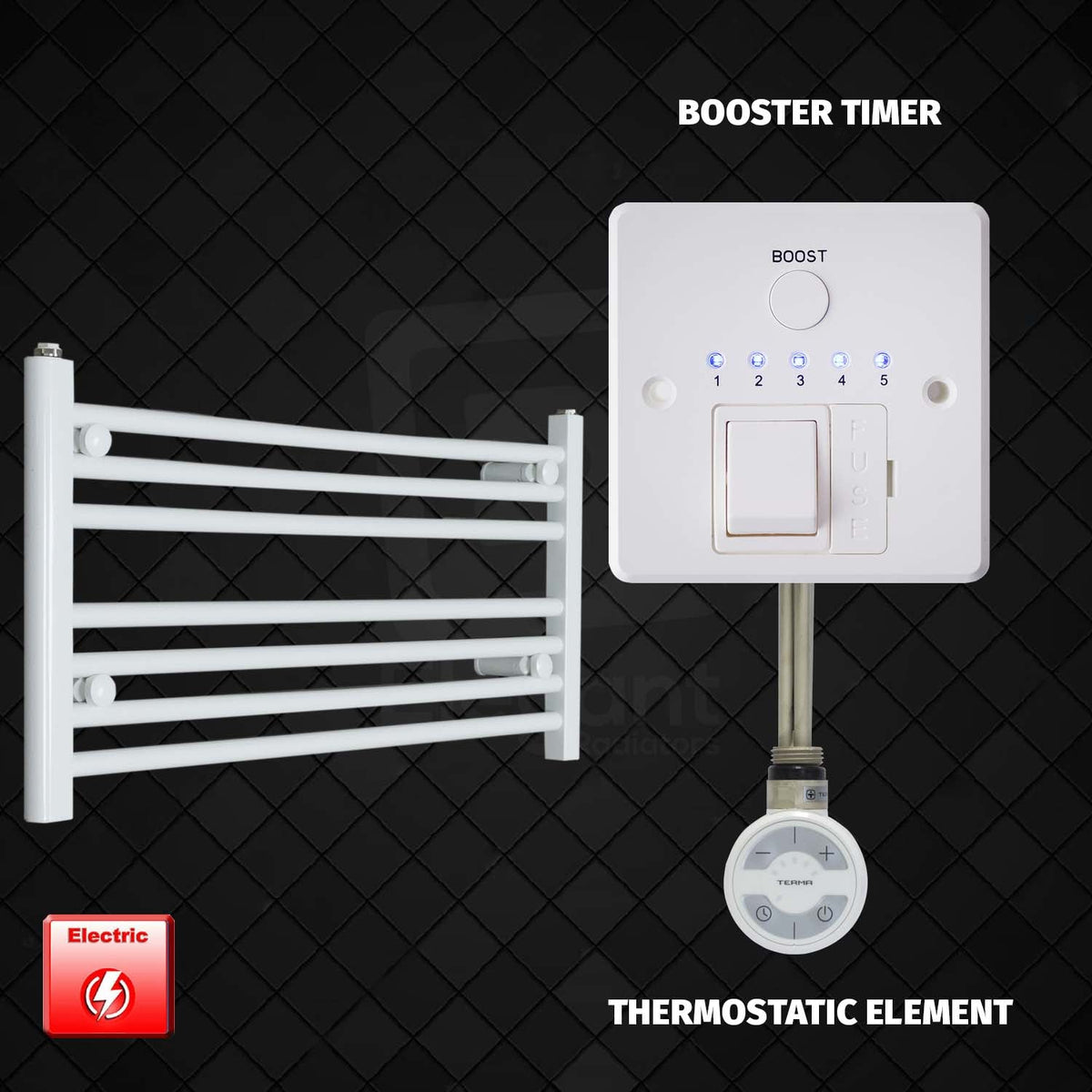 400 mm High 800 mm Wide Pre-Filled Electric Heated Towel Radiator White HTR MOA Thermostatic element Booster timer