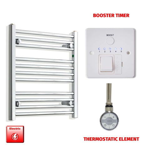 600mm High 550mm Wide Pre-Filled Electric Heated Towel Radiator Chrome HTR MOA Thermostatic element Booster timer