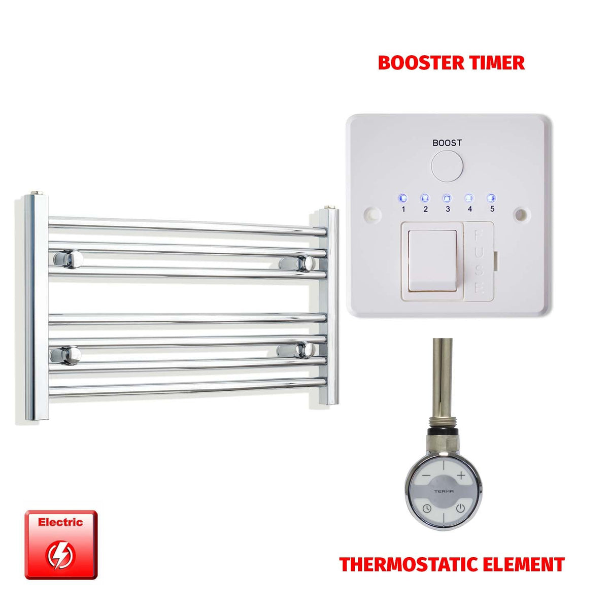 400mm High 700mm Wide Pre-Filled Electric Heated Towel Radiator Curved or Straight Chrome MOA Thermostatic element Booster timer