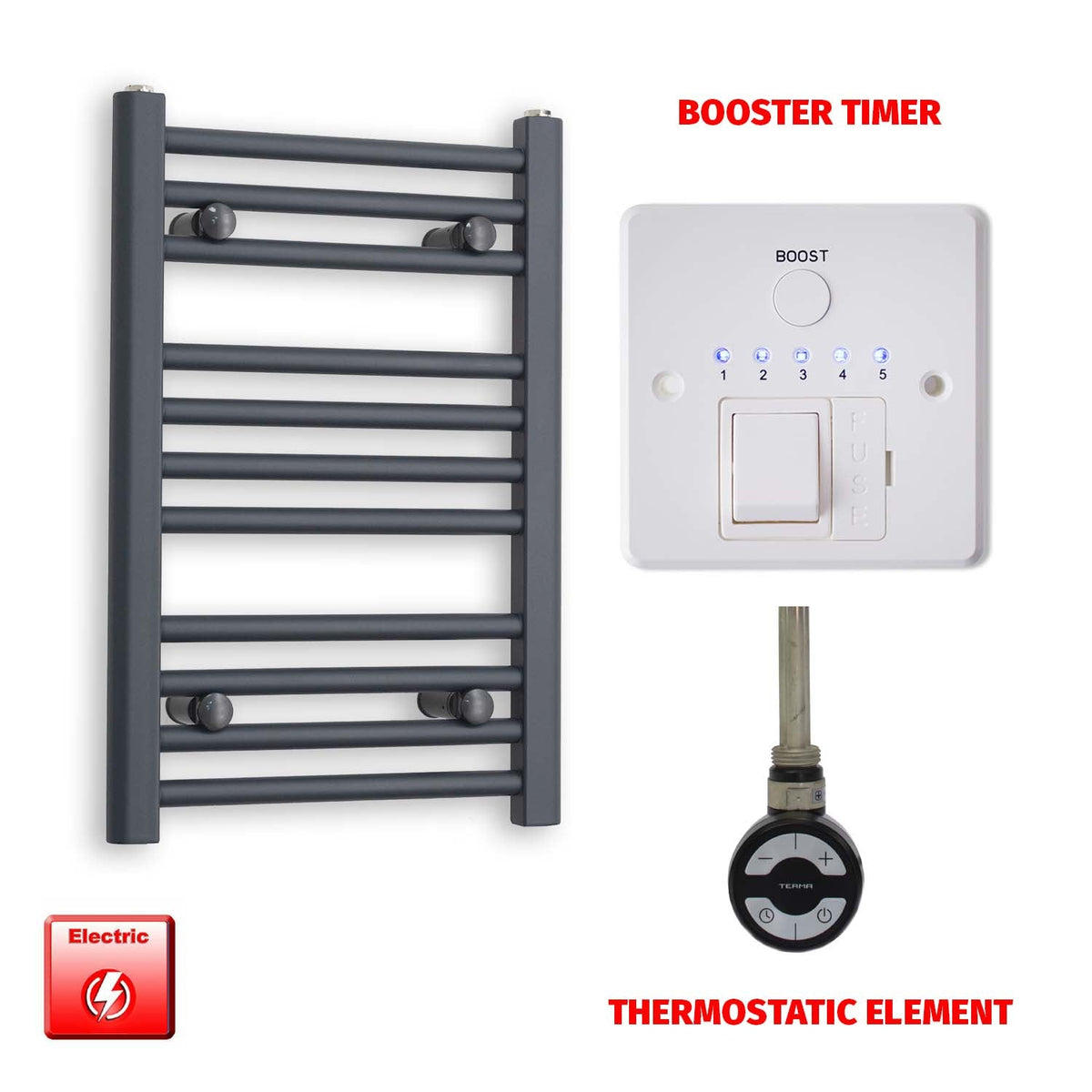600mm High 400mm Wide Flat Anthracite Pre-Filled Electric Heated Towel Rail Radiator HTR MOA Thermostatic element Booster timer