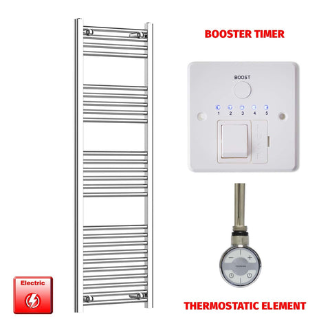 1400mm High 450mm Wide Pre-Filled Electric Heated Towel Radiator Straight Chrome MOA Thermostatic element Booster timer