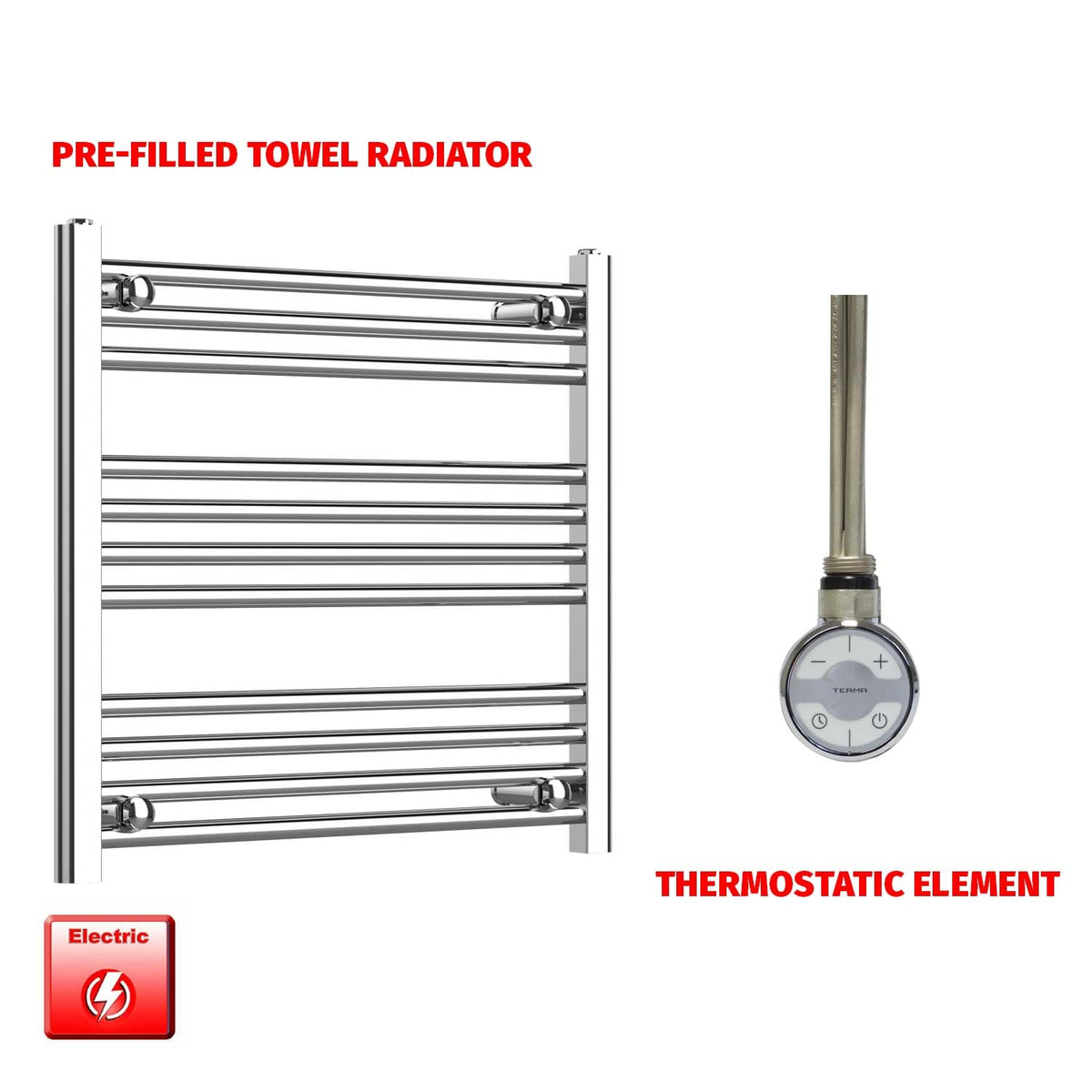 600mm High 650mm Wide Pre-Filled Electric Heated Towel Radiator Straight Chrome