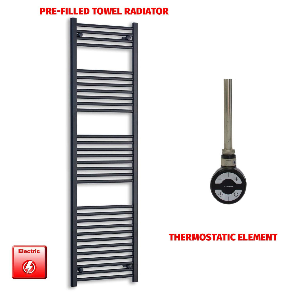 1800 x 600 Flat Black Pre-Filled Electric Heated Towel Radiator HTR MOA Thermostatic No Timer