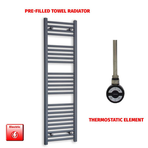 1400mm High 400mm Wide Flat Anthracite Pre-Filled Electric Heated Towel Radiator MOA Thermostatic element no timer