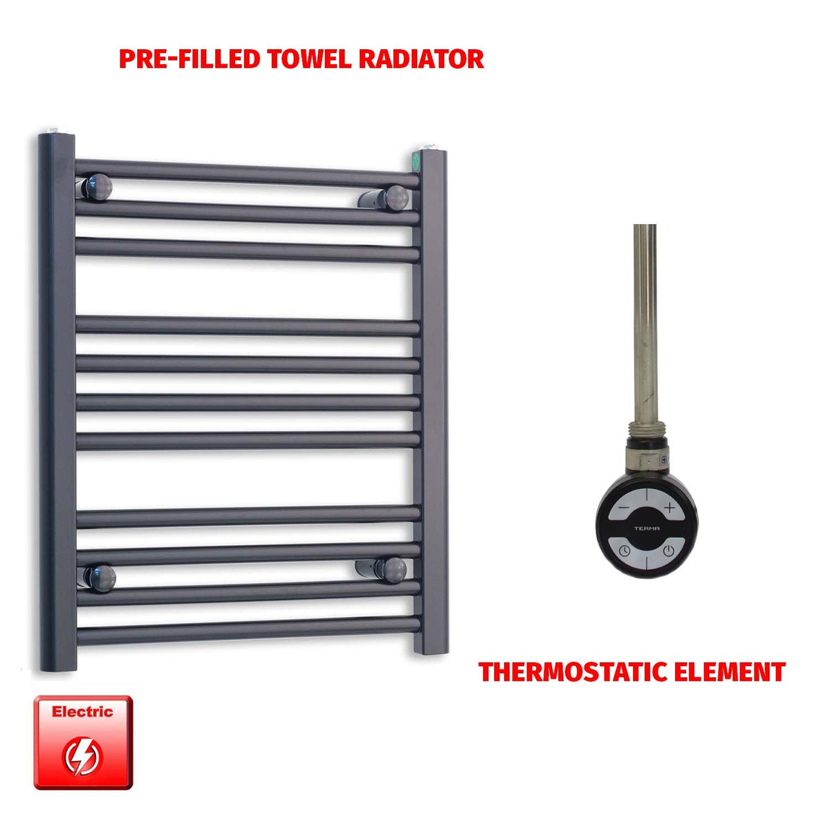 600 x 500 Flat Black Pre-Filled Electric Heated Towel Radiator HTR MOA Thermostatic No Timer