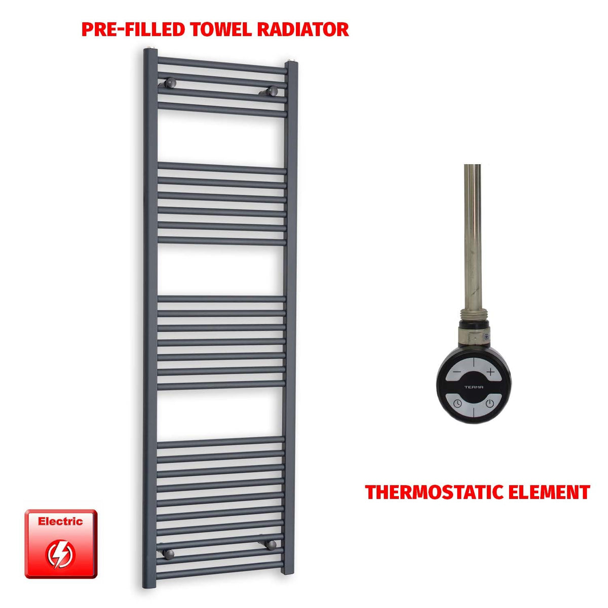 1600mm High 500mm Wide Flat Anthracite Pre-Filled Electric Heated Towel Rail Radiator HTR MOA Thermostatic element no timer