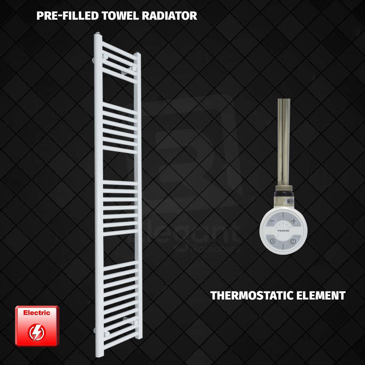 1600 mm High 350 mm Wide Pre-Filled Electric Heated Towel Rail Radiator White MOA Thermostatic Element