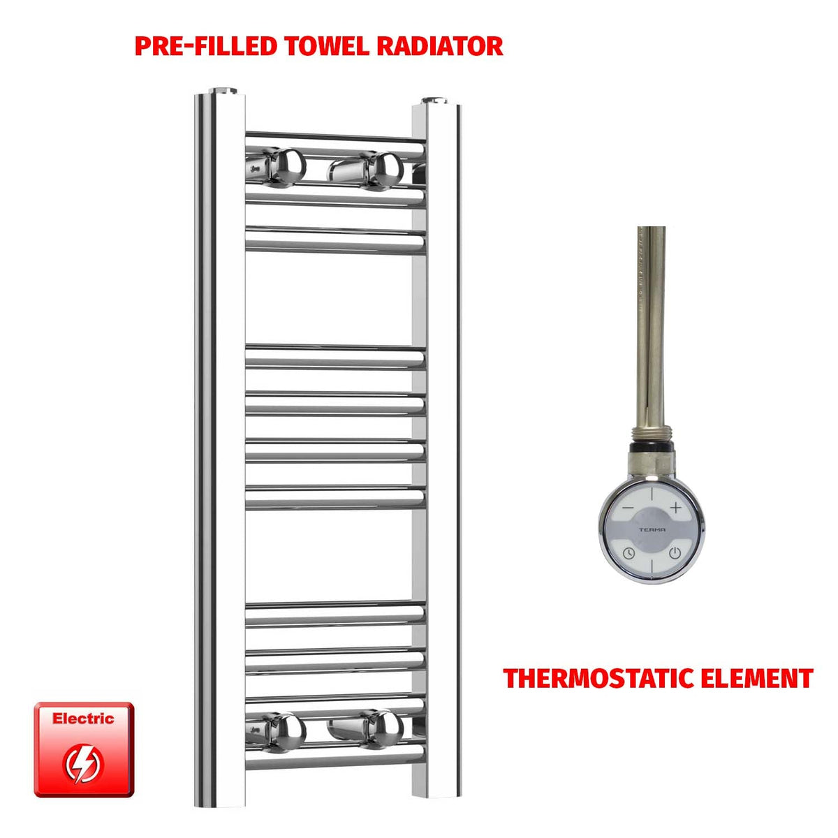 600 x 250 Pre-Filled Electric Heated Towel Radiator Straight Chrome MOA Element No Timer