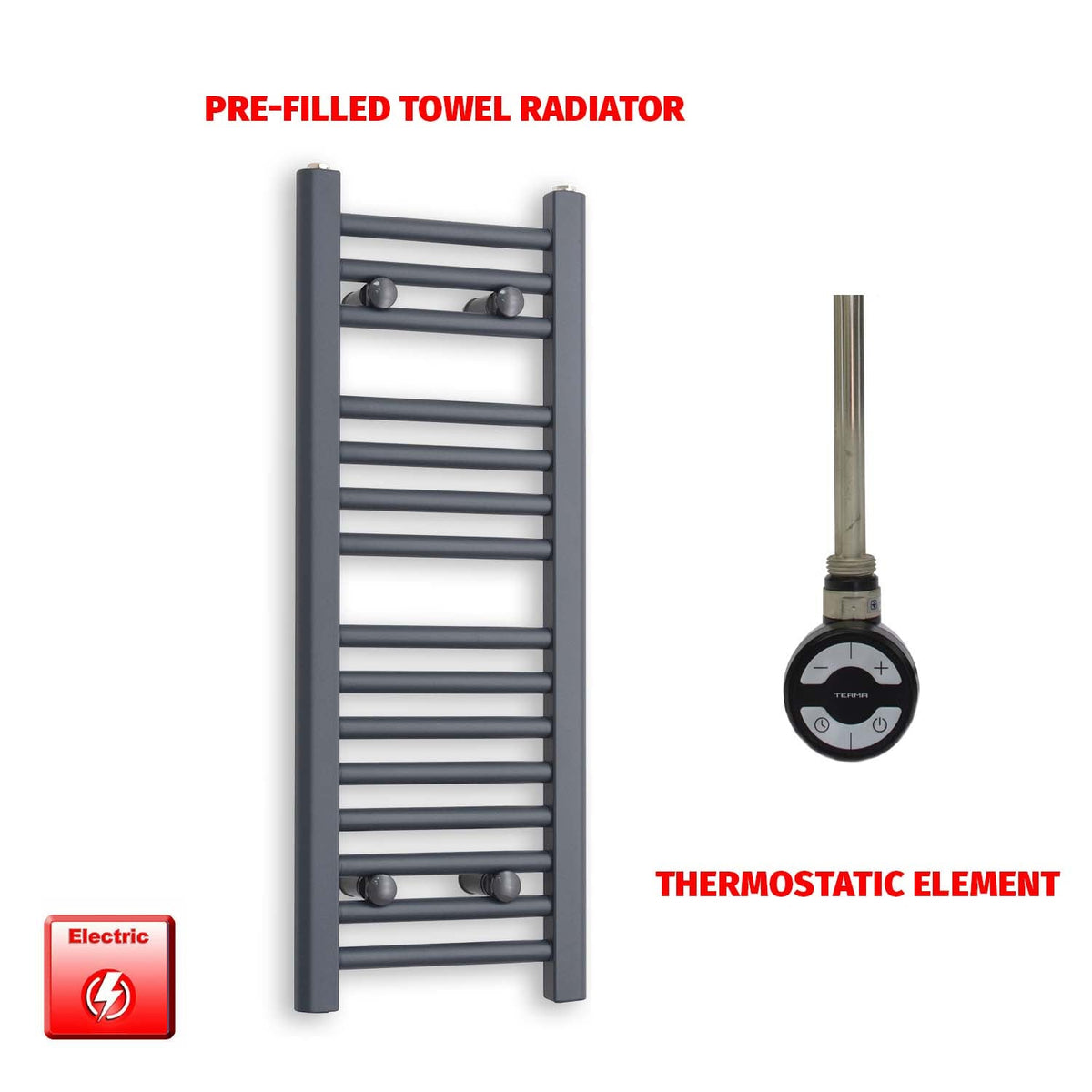 800mm High 300mm Wide Flat Anthracite Pre-Filled Electric Heated Towel Rail Radiator HTR MOA Thermostatic element no timer