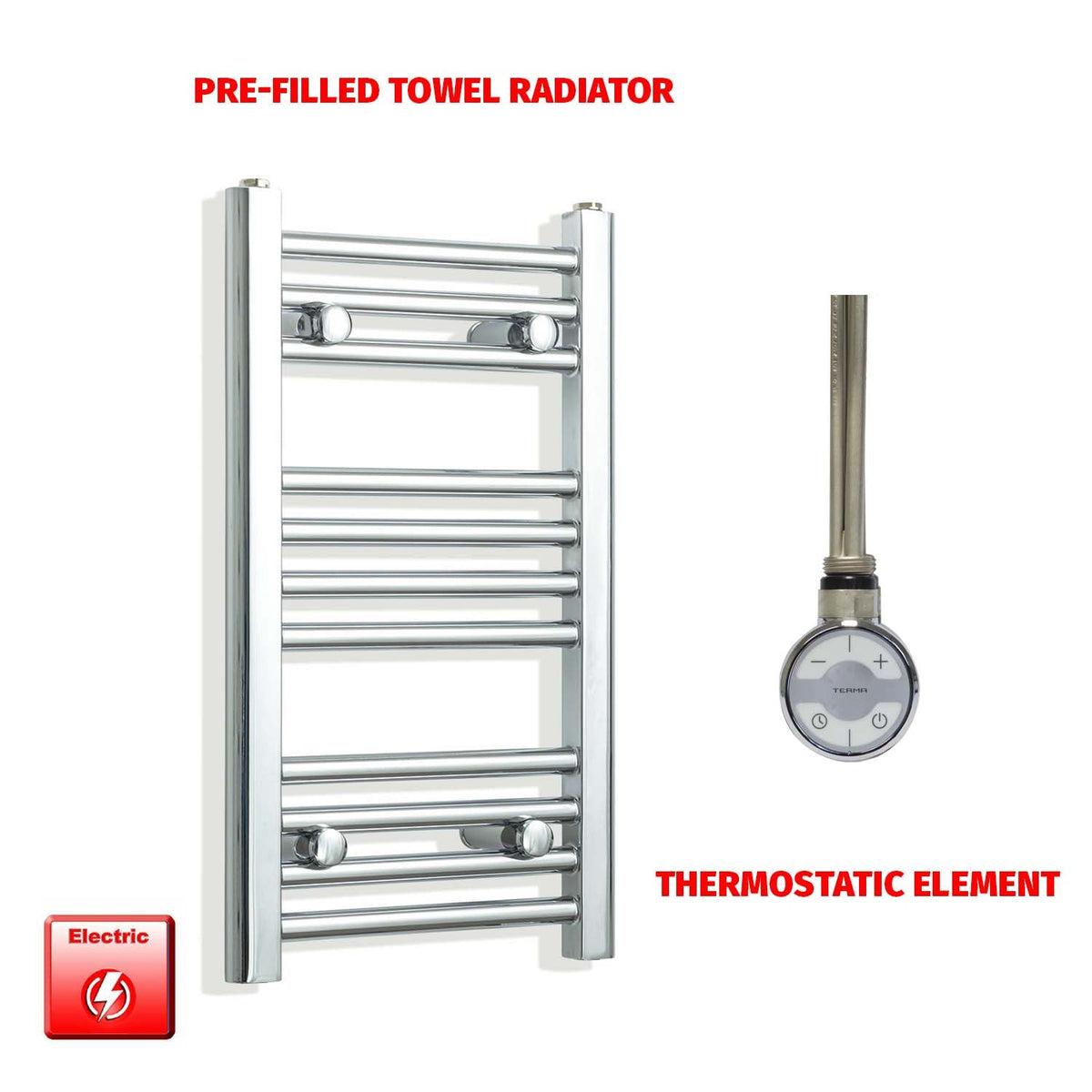 600 x 300 Pre-Filled Electric Heated Towel Radiator Straight Chrome MOA Element No Timer