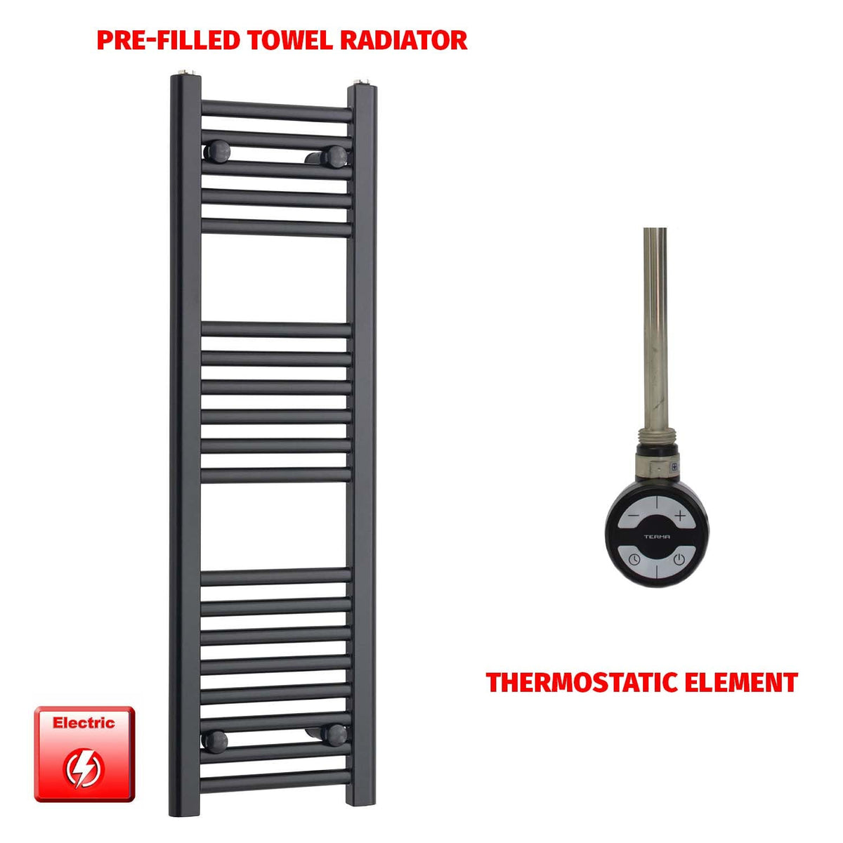 1000mm High 300mm Wide Flat Black Pre-Filled Electric Heated Towel Rail Radiator MOA Thermostatic No Timer