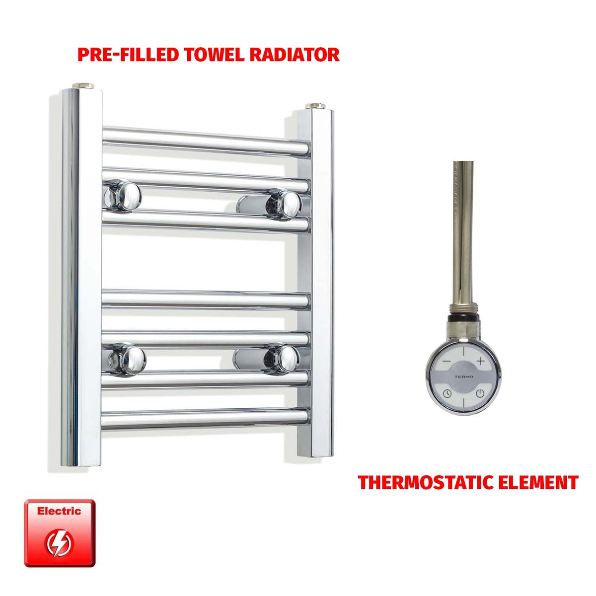 400mm High 350mm Wid Pre-Filled Electric Heated Towel Rail Radiator Straight Chrome MOA Thermostatic element no timer