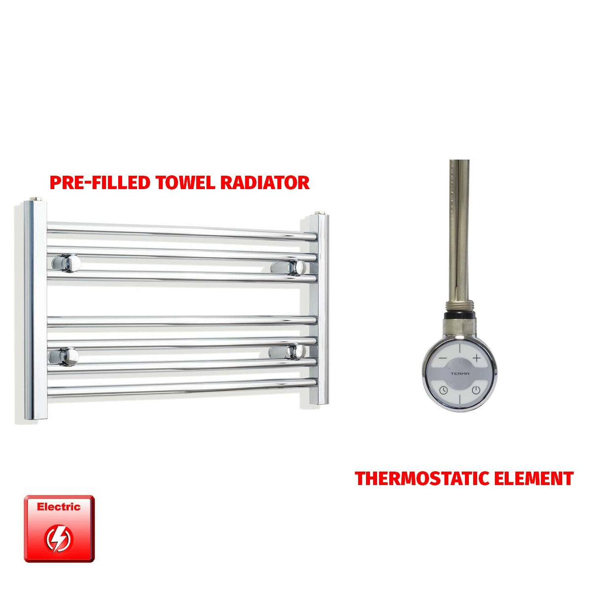 400mm High 700mm Wide Pre-Filled Electric Heated Towel Radiator Curved or Straight Chrome MOA Thermostatic element no timer