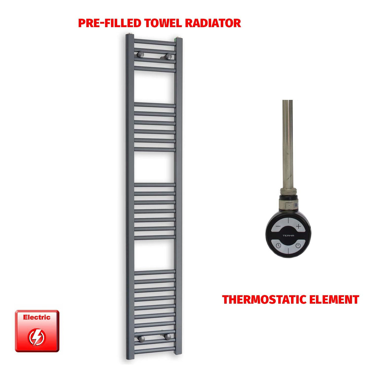 1600 x 300 Flat Anthracite Pre-Filled Electric Heated Towel Radiator HTR MOA Thermostatic element no timer