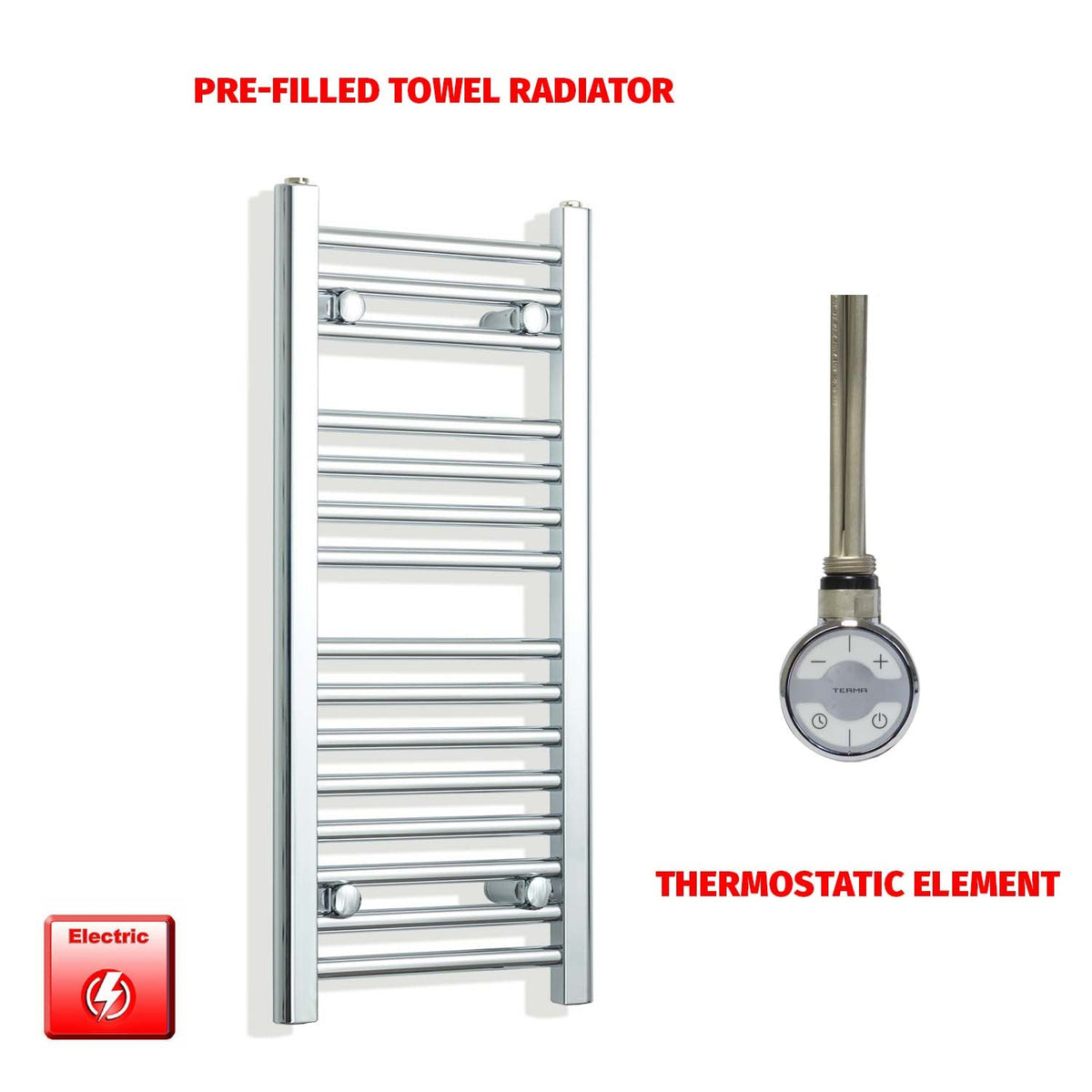 800mm High 350mm Wide Pre-Filled Electric Heated Towel Rail Radiator Straight Chrome MOA Thermostatic element no timer
