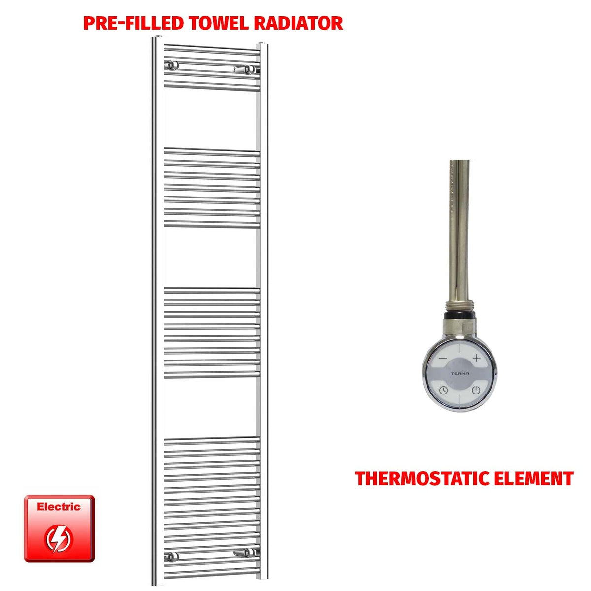 1800 x 500 Chrome Electric Towel Radiator Pre-Filled Straight or Curved Bathroom Warmer