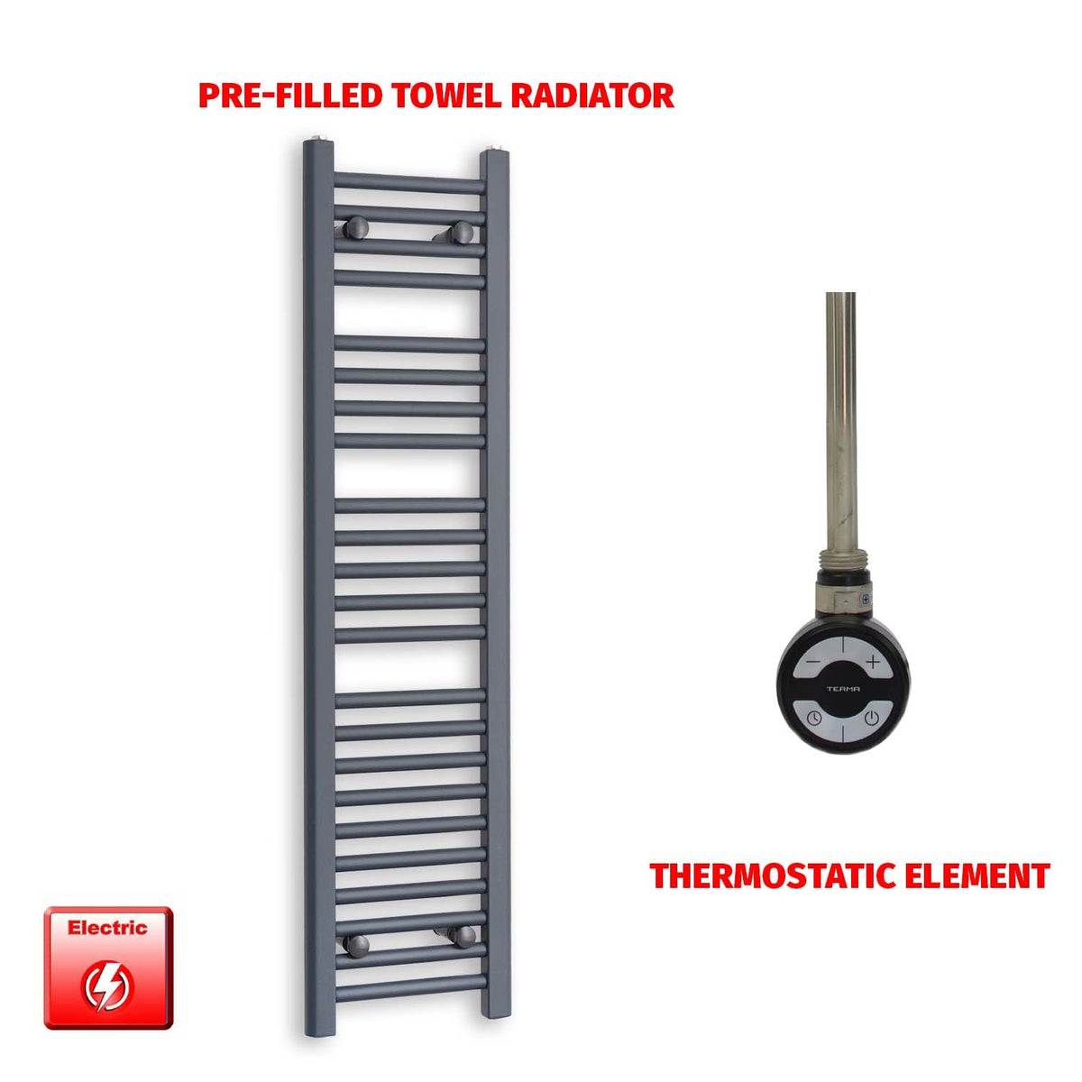 1200mm High 300mm Wide Flat Anthracite Pre-Filled Electric Heated Towel Rail Radiator HTR MOA Thermostatic element no timer
