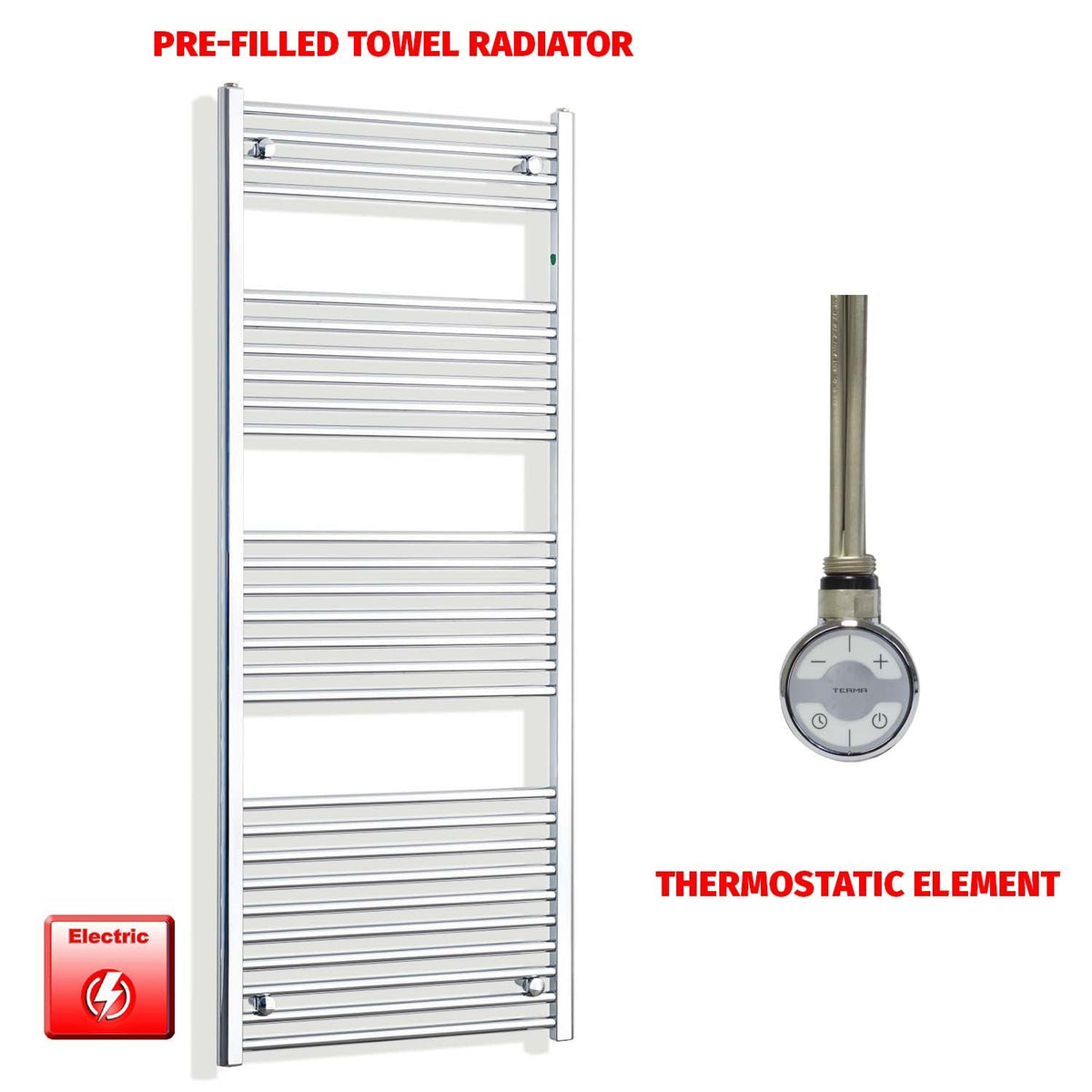 1600mm High 500mm Wide Pre-Filled Electric Heated Towel Radiator Straight or Curved Chrome MOA Thermostatic element no timer