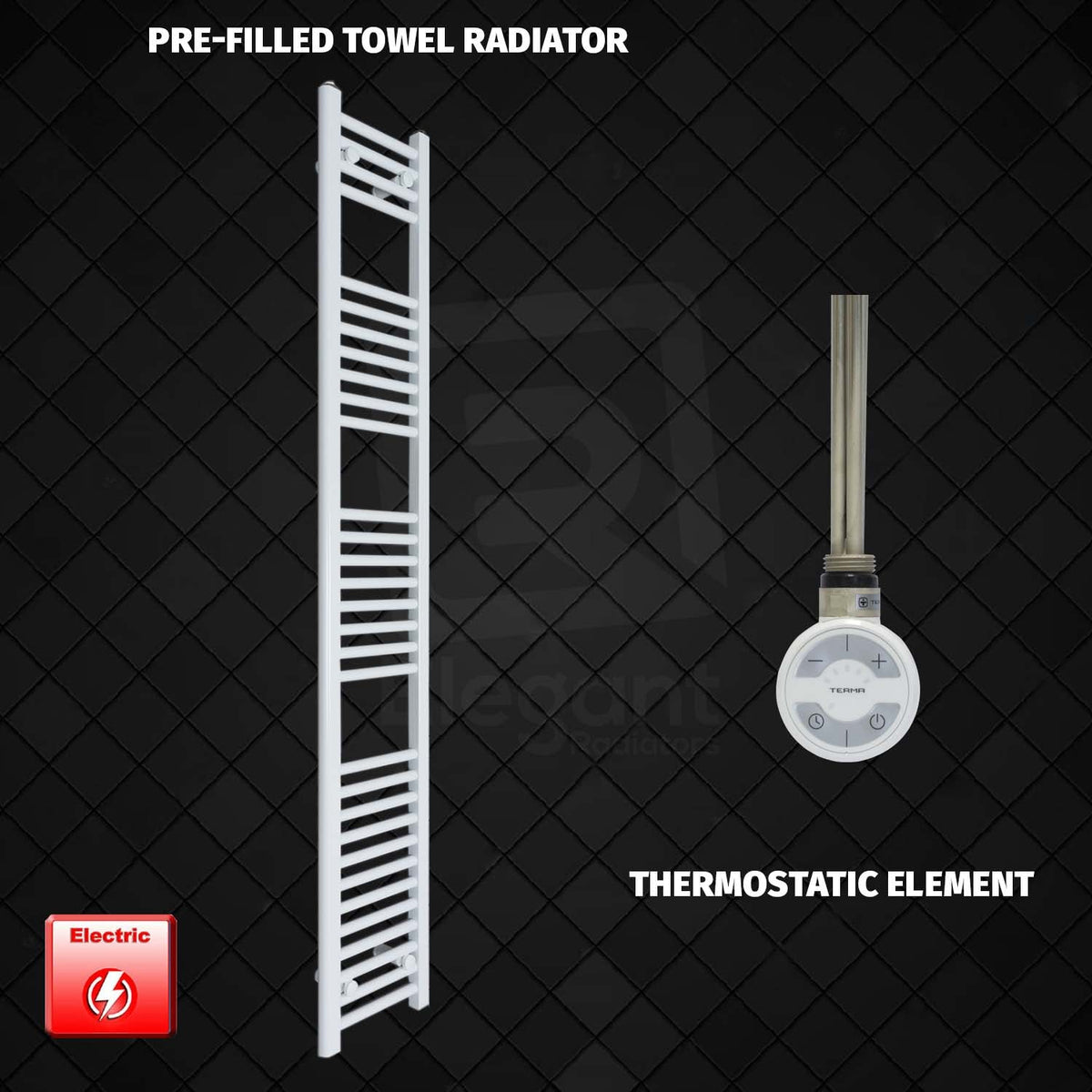 1800 mm High 200 mm Wide Pre-Filled Electric Heated Towel Rail Radiator White MOA Thermostatic Element NO Timer