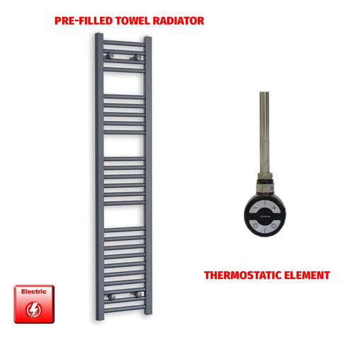 1400mm High 300mm Wide Flat Anthracite Pre-Filled Electric Heated Towel Rail Radiator HTR MOA Thermostatic element no timer