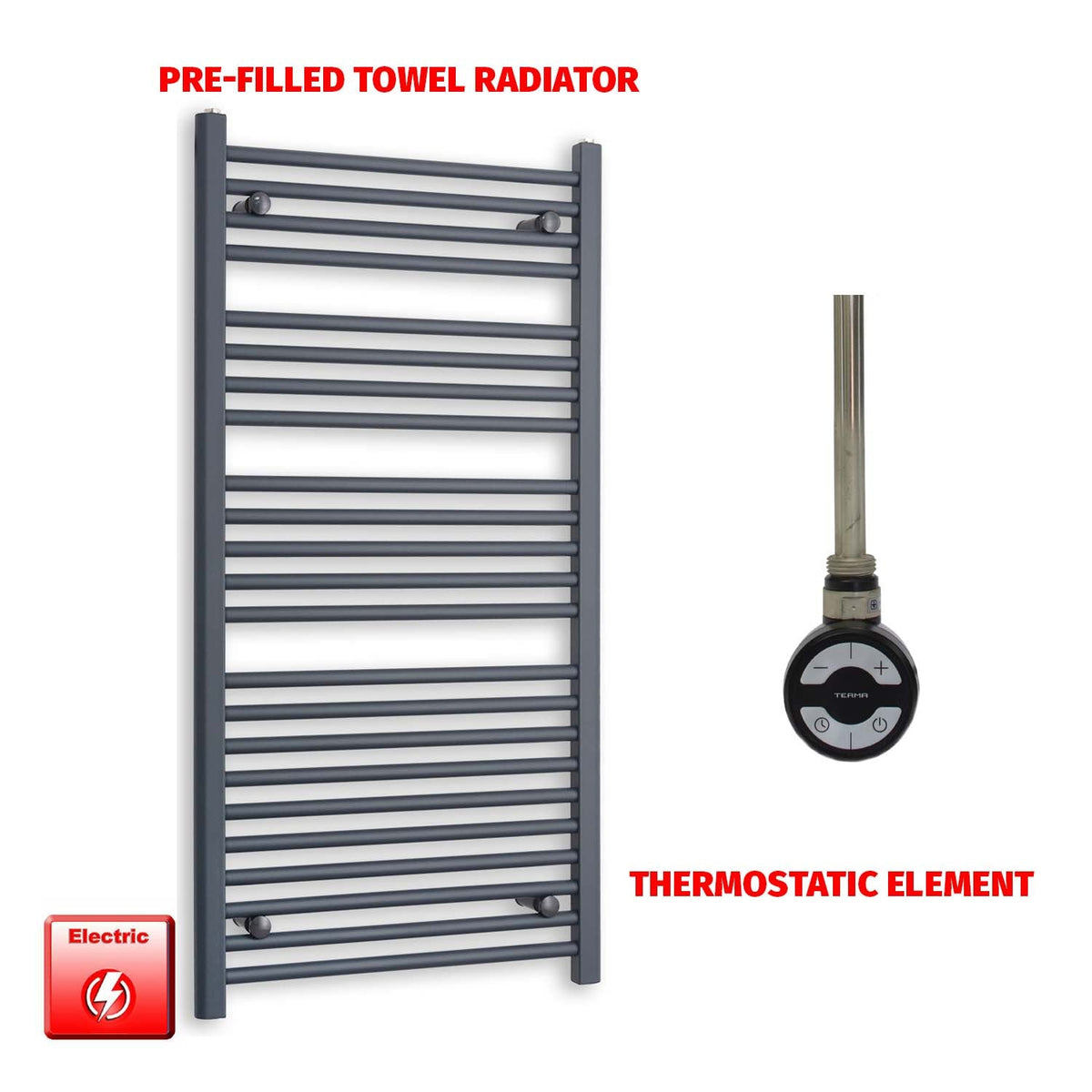 1200mm High 600mm Wide Flat Anthracite Pre-Filled Electric Heated Towel Rail Radiator HTR MOA Thermostatic element no timer