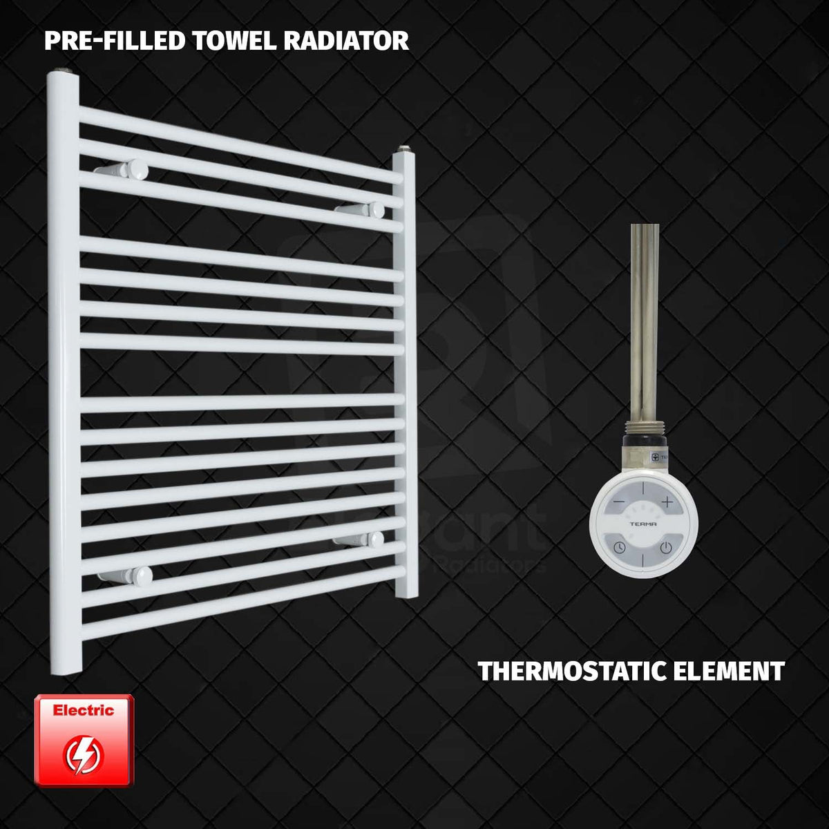 800 mm High 750 mm Wide Pre-Filled Electric Heated Towel Rail Radiator White HTR MOA Thermostatic element no timer