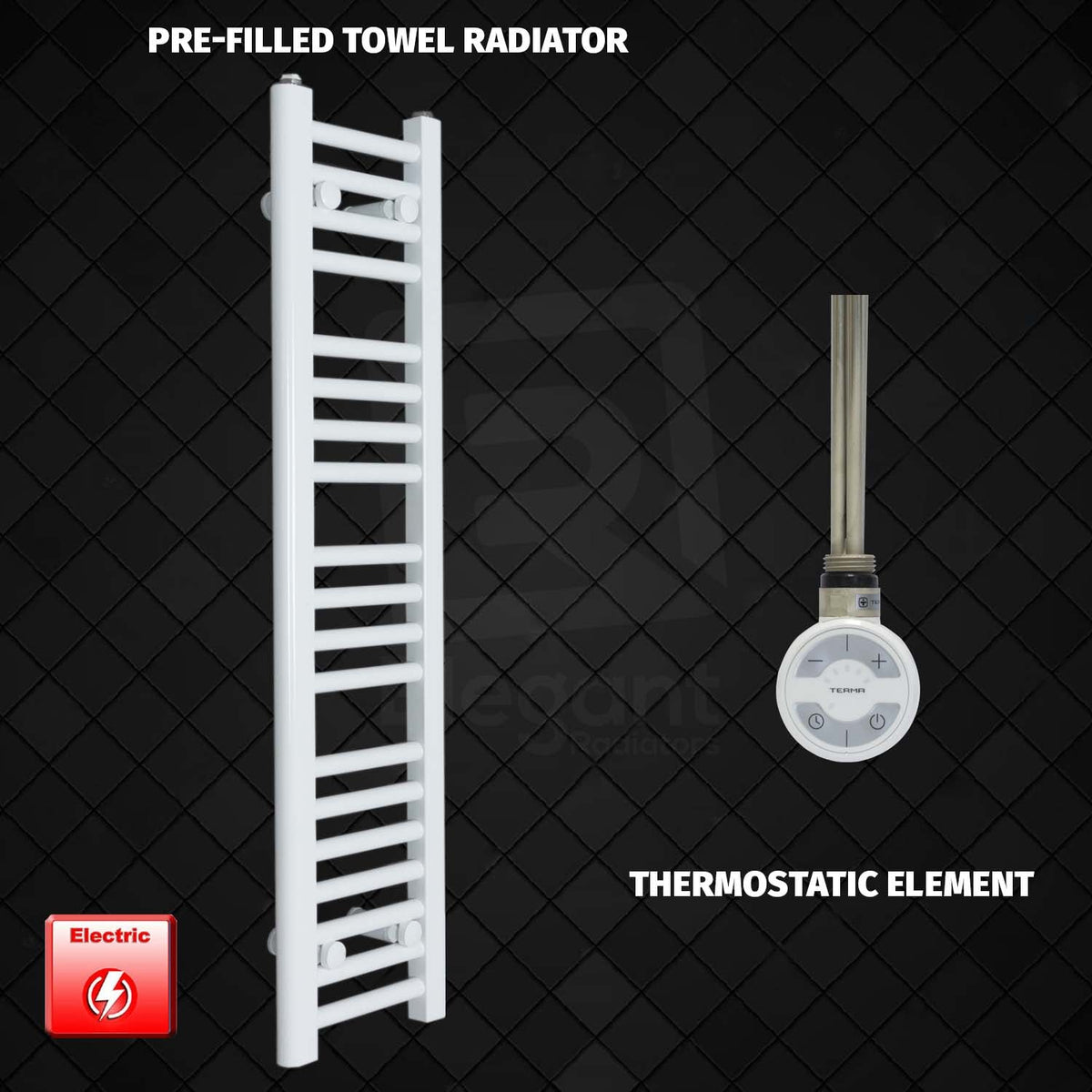 1000 x 250 Pre-Filled Electric Heated Towel Radiator White HTR MOA Thermostatic Element