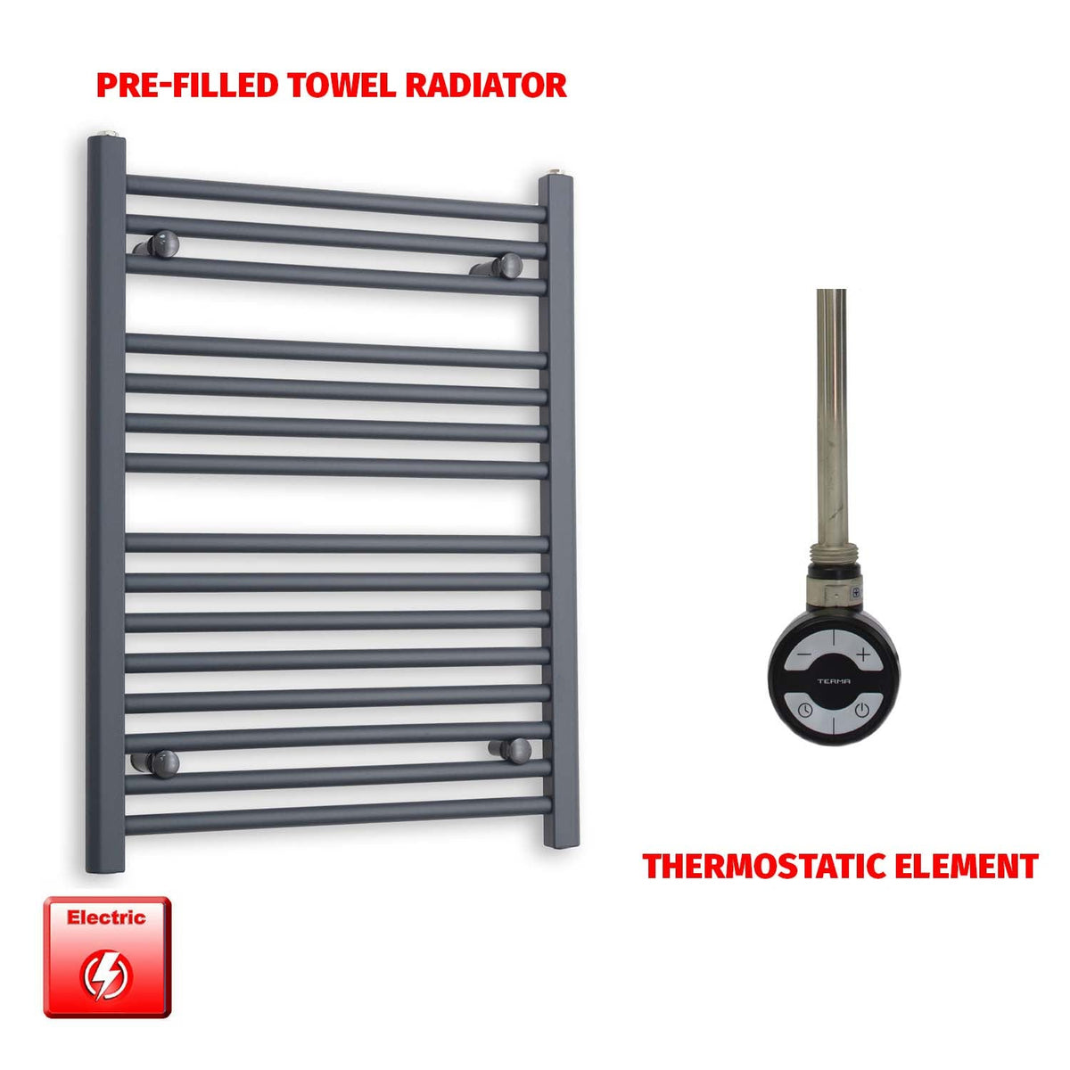 800mm High 600mm Wide Flat Anthracite Pre-Filled Electric Heated Towel Rail Radiator HTR MOA Thermostatic element no timer