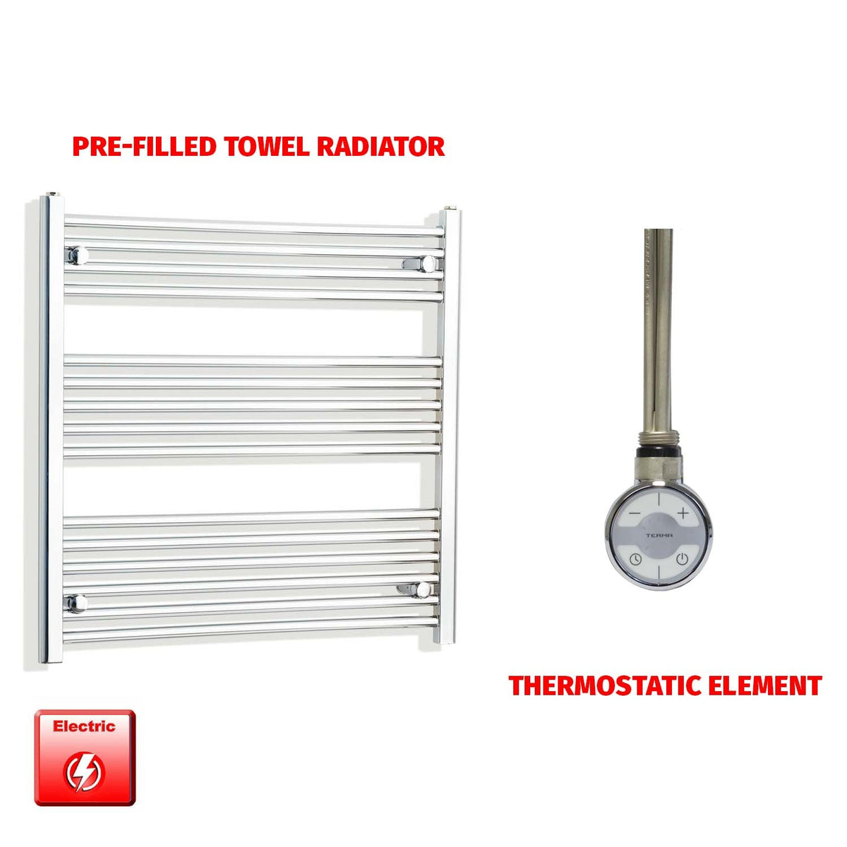800 x 750 Pre-Filled Electric Heated Towel Radiator Curved or Straight Chrome MOA Thermostatic element no timer