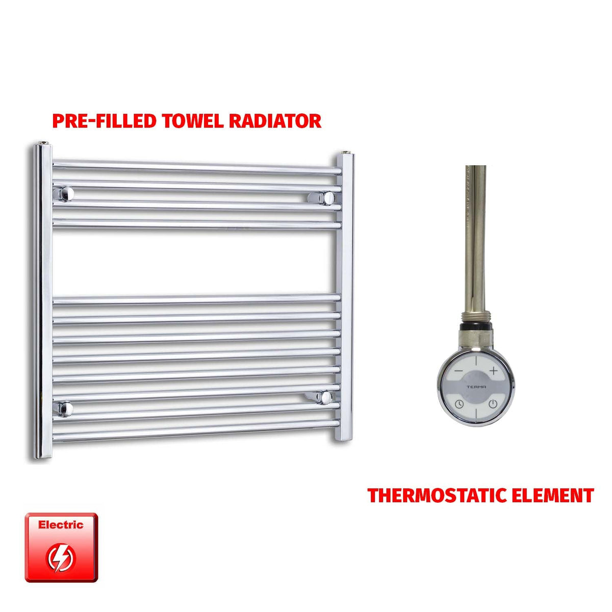 700 x 900 Pre-Filled Electric Heated Towel Radiator Straight Chrome MOA Thermostatic element no timer