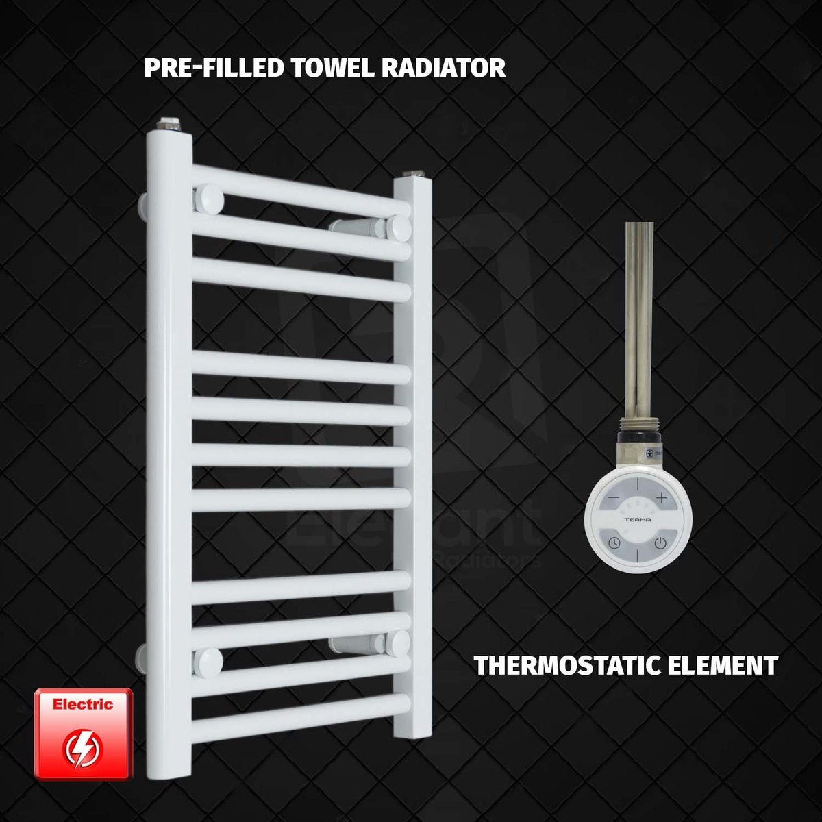 600 mm High 450 mm Wide Pre-Filled Electric Heated Towel Radiator White HTR Thermostatic element moa no timer