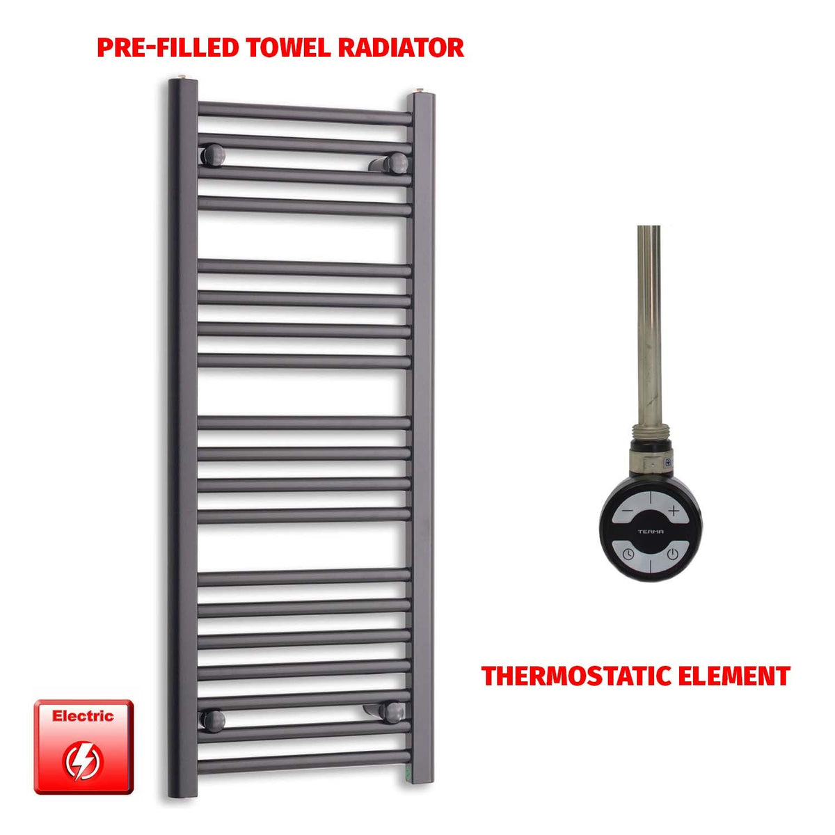 1000 x 400 Flat Black Pre-Filled Electric Heated Towel Radiator HTR MOA Thermostatic