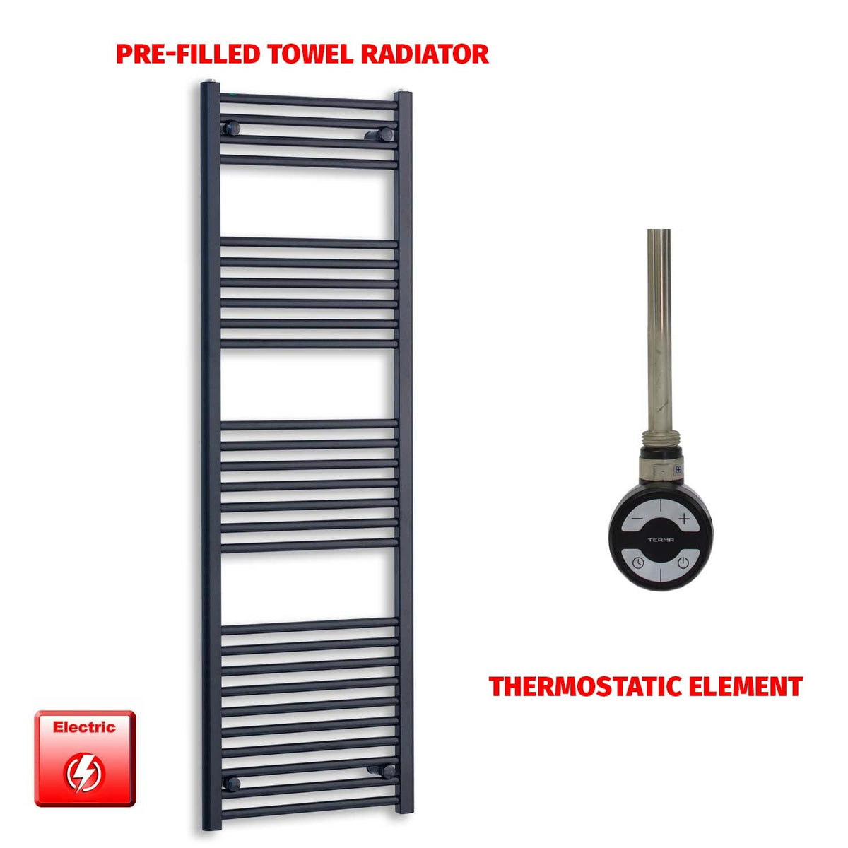 1600mm High 600mm Wide Flat Black Pre-Filled Electric Heated Towel Radiator HTR MOA Thermostatic No Timer
