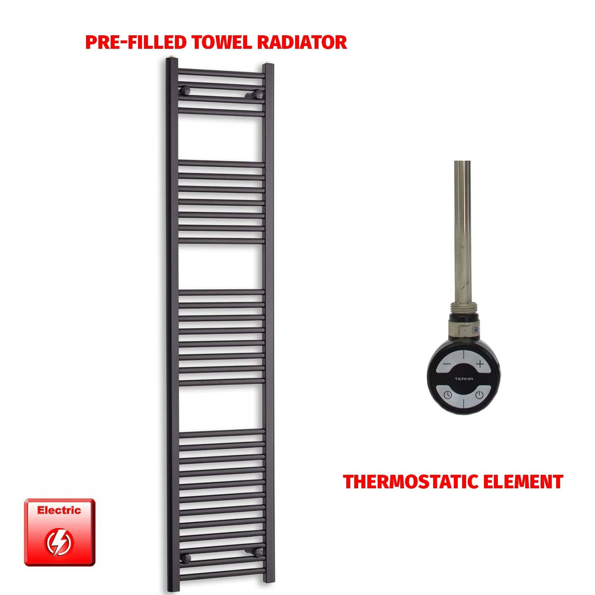 1800mm High 450mm Wide Flat Black Pre-Filled Electric Heated Towel Radiator HTR MOA Thermostatic