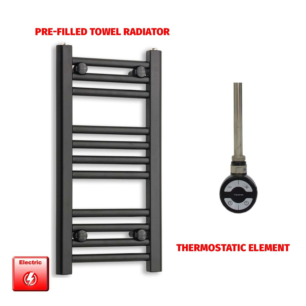 MOA-NO-TMR 600mm High 300mm Wide Flat Black Pre-Filled Electric Heated Towel Rail Radiator HTR