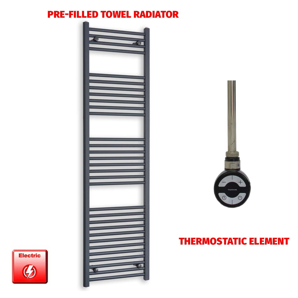 1800mm High 500mm Wide Flat Anthracite Pre-Filled Electric Heated Towel Radiator MOA Thermostatic element no timer