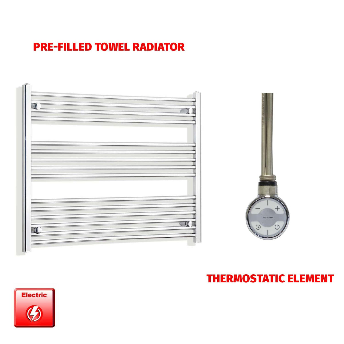 800 x 1000 Pre-Filled Electric Heated Towel Radiator Straight Chrome MOA Thermosatic element no timer