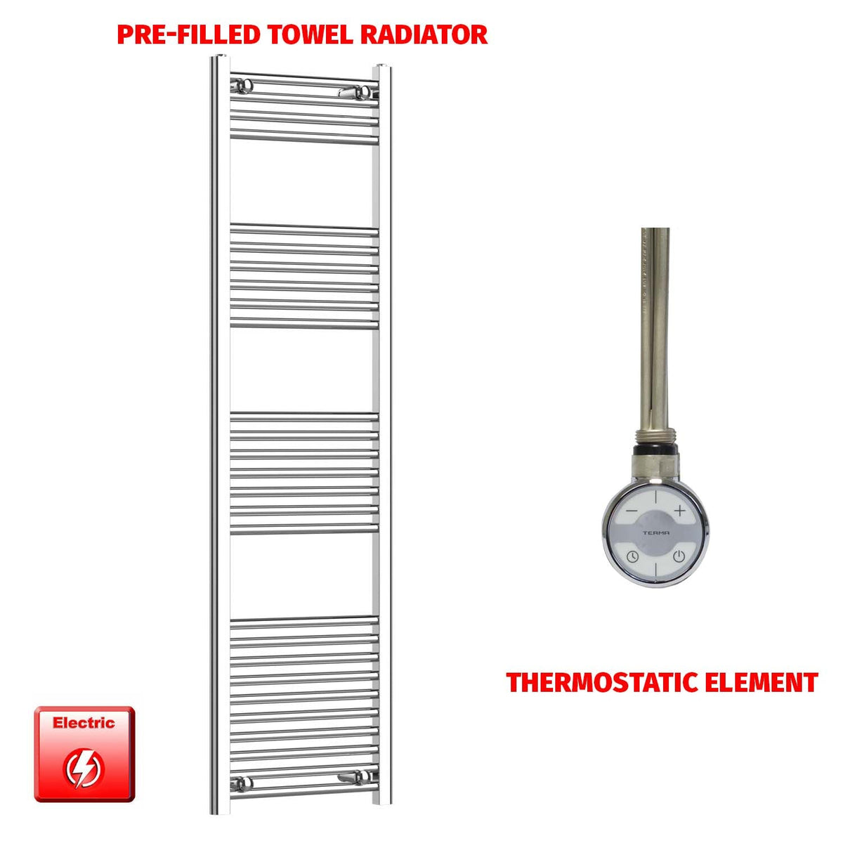 1600 x 400 Chrome Electric Towel Radiator Pre-Filled Straight or Curved Bathroom Warmer