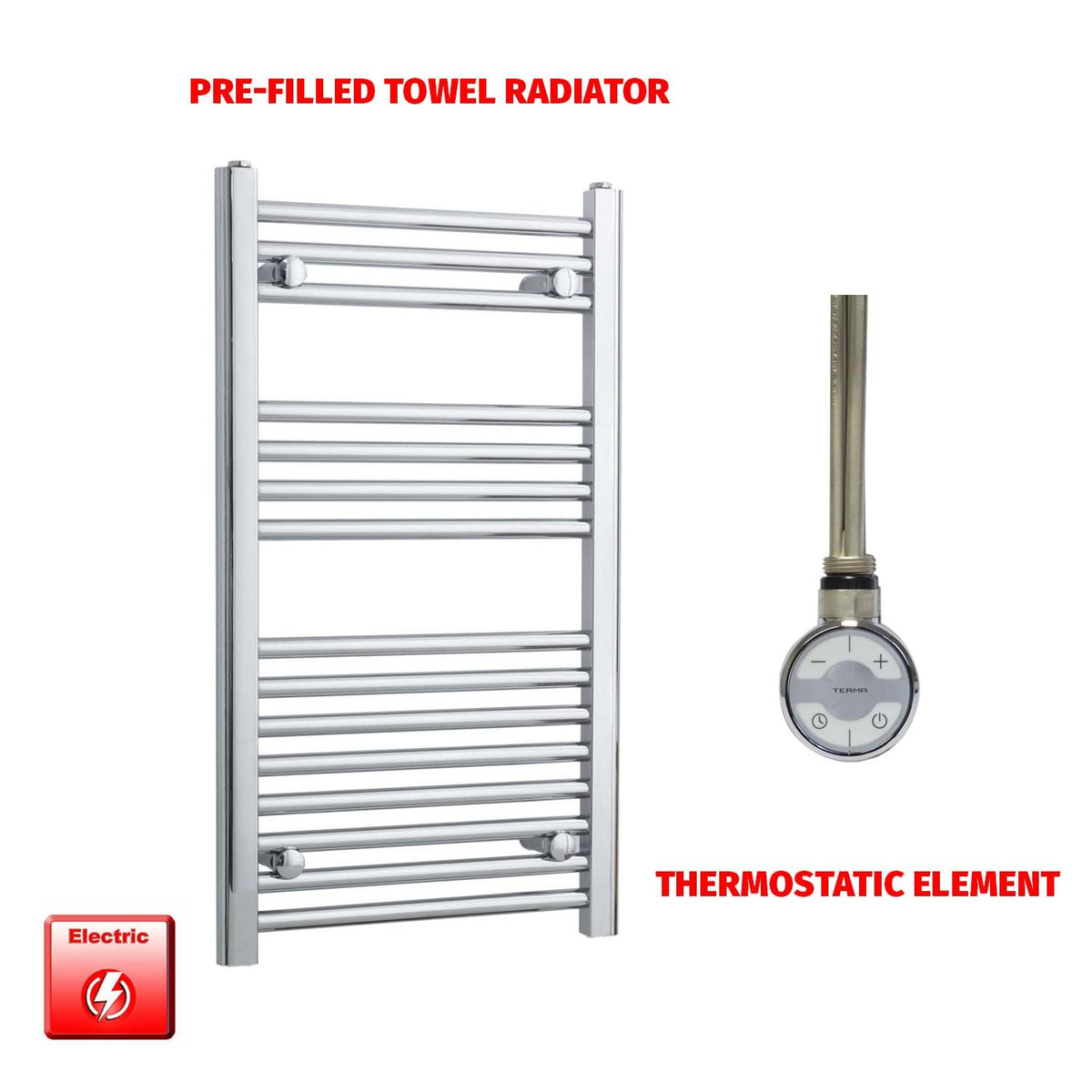 800mm High 450mm Wide Pre-Filled Electric Heated Towel Radiator Straight Chrome MOA Thermostatic element no timer