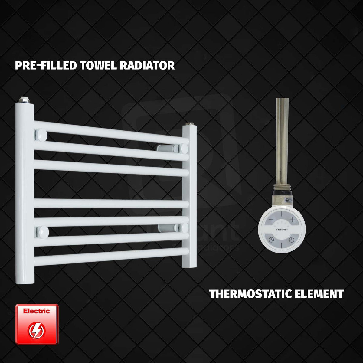 400 x 600 Pre-Filled Electric Heated Towel Radiator White HTR MOA Thermostatic Element No Timer