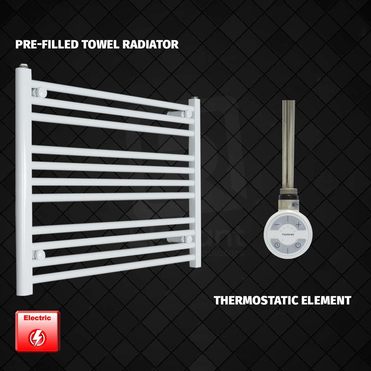600 x 900 Pre-Filled Electric Heated Towel Radiator White HTR MOA Thermostatic element no timer